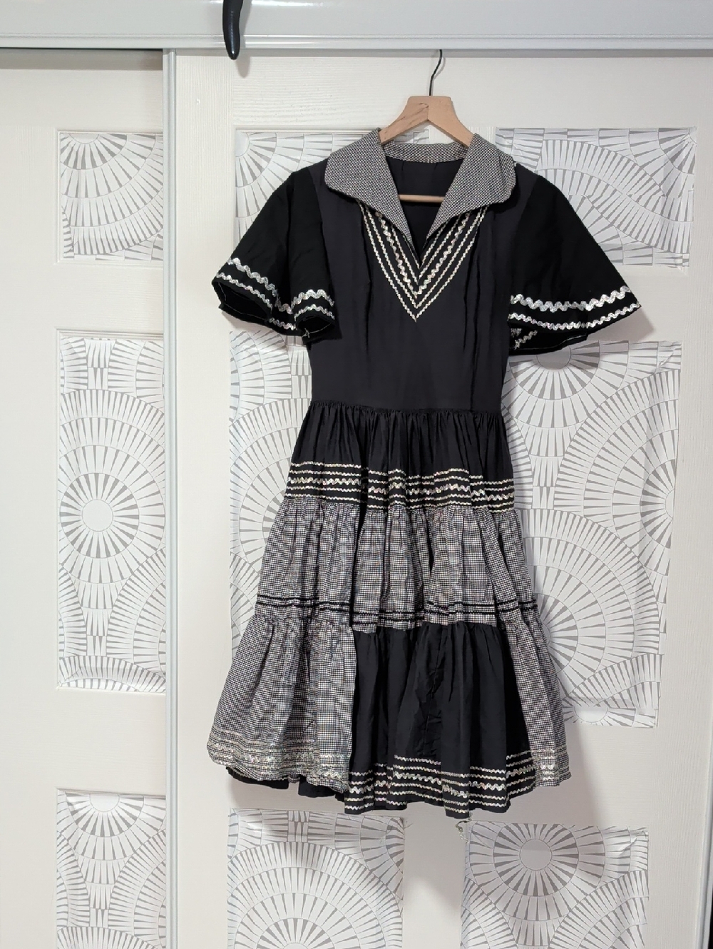Vintage Hand Made Navy Blue Tiered V-Neck Midi Dress with Flaired Underskirt